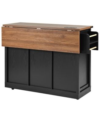 53.7" Farmhouse Kitchen Island with Drop Leaf, Power Outlet, Barn Doors & Drawers, Rolling Storage Cart