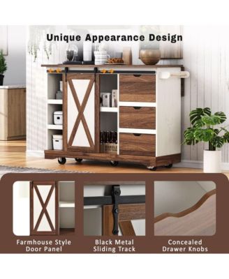 55.5" Wide MDF Drop Leaf, Barn Door, Power Outlet, 3 Drawers, Locking Wheels Farmhouse Kitchen Island Cart