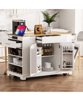 Rolling Kitchen Island with Trash Bin Cabinet, Power Outlet, 3 Drawers, Side Spice Racks, Solid Wood Top, Lockable Wheels