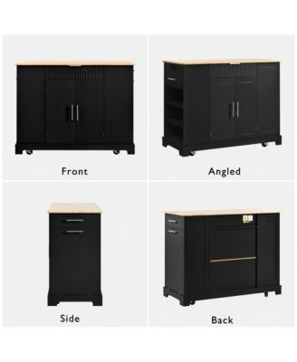 Rolling Kitchen Island with Trash Bin Cabinet, Power Outlet, 3 Drawers, Side Spice Racks, Solid Wood Top, Lockable Wheels