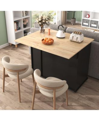 46" Rubberwood Top Rolling Kitchen Island Cart with Drop Leaf, 3-Tier Pull-Out Organizer and Hidden Door Racks