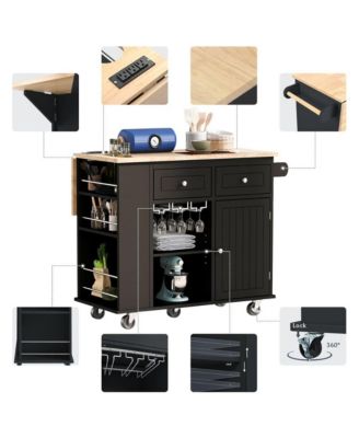 39.8" Wide Rubberwood, MDF Power Outlet, Drop Leaf, Wine Glass Rack, 2 Drawers, Locking Wheels Mobile Kitchen Island Cart