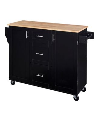 Rolling Kitchen Island 50-Inch with Rubber Wood Top, Slide-Out Shelves, 3 Drawers and Storage Racks
