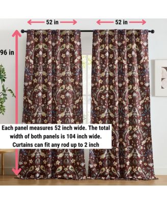 Florence Floral & Birds Patterned Window Back Tab Rod Pocket Curtains Bedroom - Light Blocking Darkening Window Panels, Set of 2