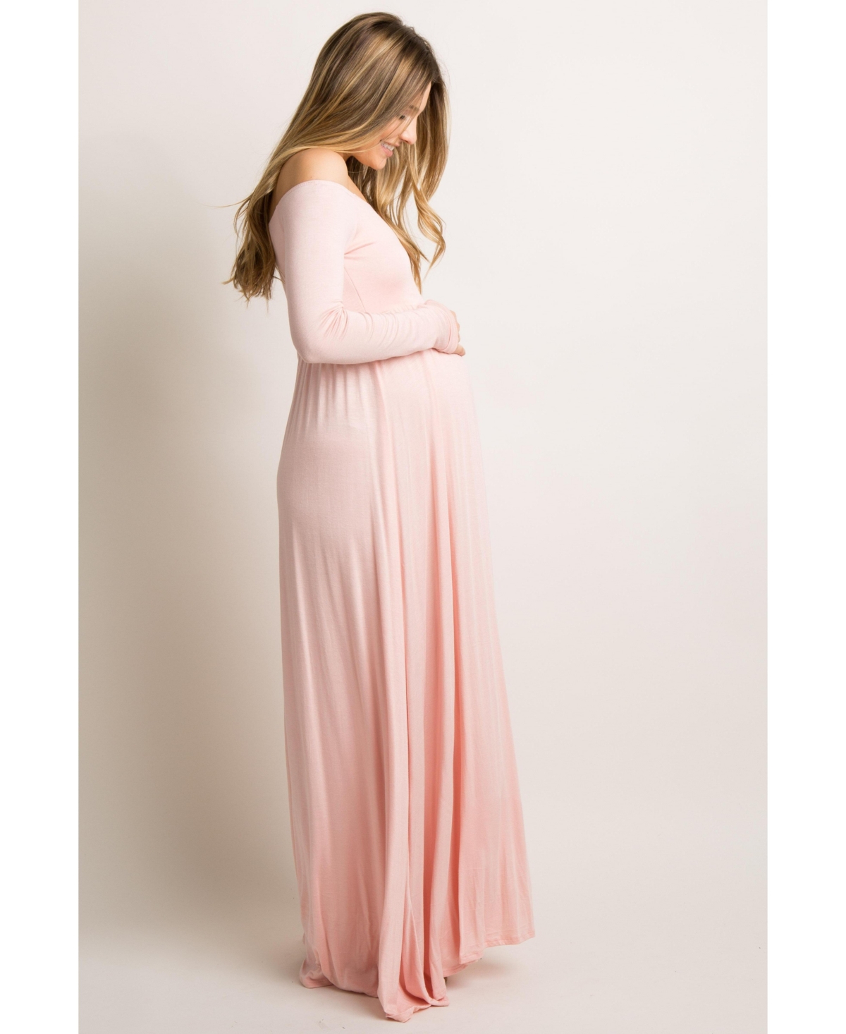 Pinkblush Maternity Pink Solid Off Shoulder Maxi Dress