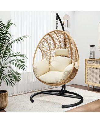 Natural PE Wicker Egg Swing Chair with Cushion and Steel Stand