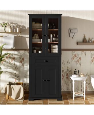 67.2" Tall Bathroom Storage Cabinet with Tempered Glass Doors, Adjustable Shelves, Drawer and Soft-Close Design
