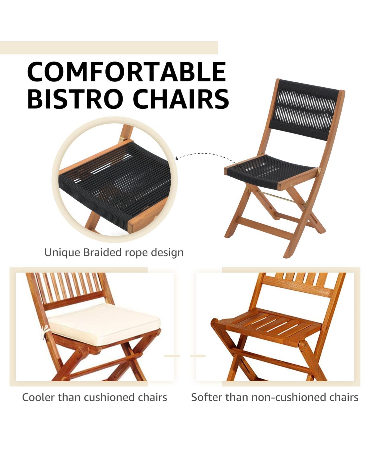 35 Inch Acacia Wood Bistro Set with Wicker Seating 2 Chairs and Table