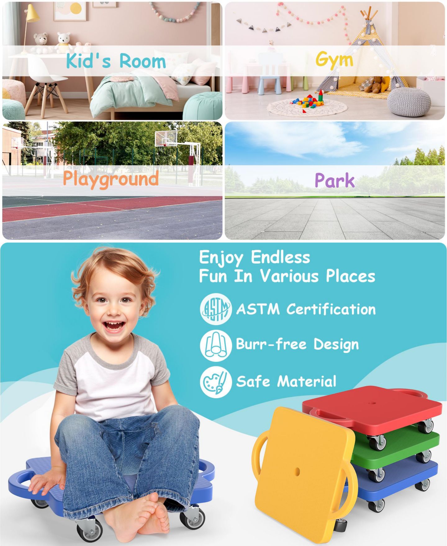 Детские игрушки SUGIFT 4-Pack Kids Sitting Scooter Board Set with Non-marring Casters, 220 lbs Capacity, Ages 3+ — фото 6