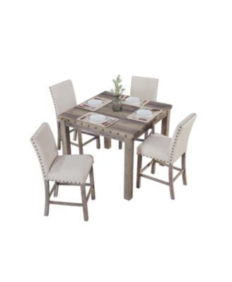 Rustic Counter Height Dining Table Set for 4, Farmhouse 5-Piece Linen Upholstered Stools Dinette Set with Nailhead Accents