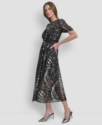 Women's Crinkle Detail Fit and Flare Midi Dress