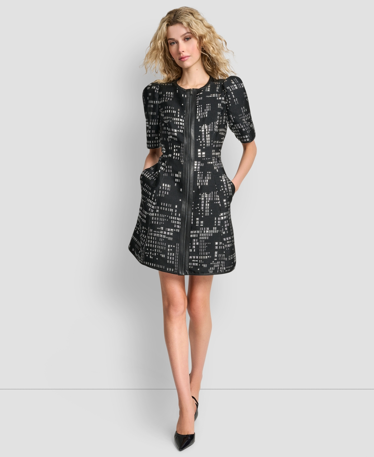 Dkny Front Zip Abstract Jacquard Minidress In Multi