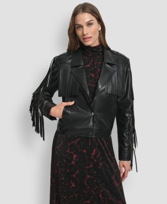DKNY - Women's Fringe Detail Crop Collared Jacket
