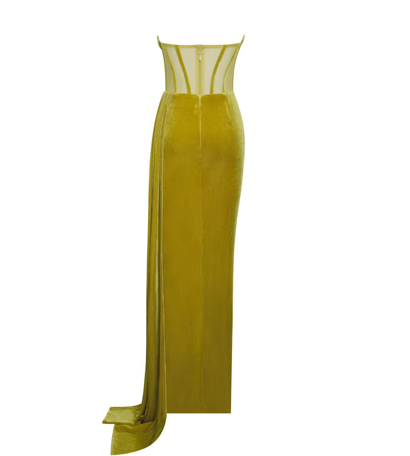 Женское платье Miss Circle Priya Gold Draping Corset High Slit Velvet Gown, цвет: Золотой — фото 7
