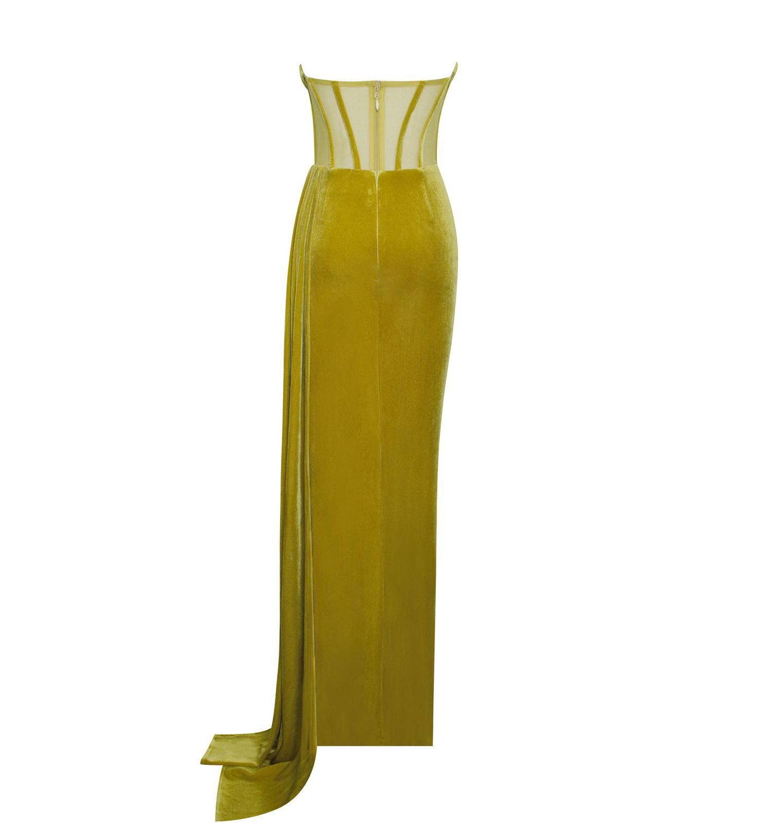 Women's Priya Gold Draping Corset High Slit Velvet Gown
