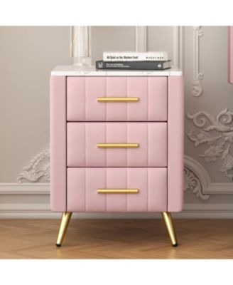  Upholstered Nightstand - 3 Drawers, Metal Legs & Marbling Top