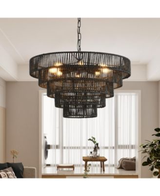 Rustic 5-Tier Hemp Rope Chandelier with 8 Sockets Hardwired Pendant Fixture