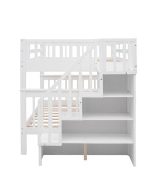 Full Size Wooden Stairway Full-Over-Full Bunk Bed w/ Storage