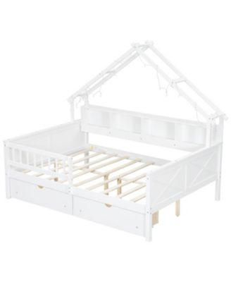 Wood Full House Platform Bed with LED & Storage