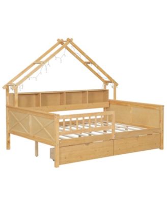 Wood Full House Platform Bed with LED & Storage