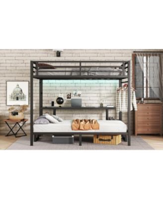 Queen Over Twin XL Bunk Bed with Desk LED & USB Black