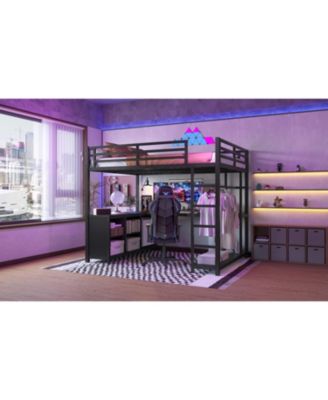 Metal Loft Bed with Wardrobe & Desk Full Size Black