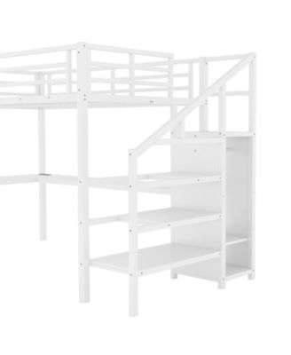 Loft Bed with Desk Wardrobe Shelf & LED - White
