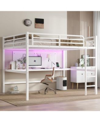 Queen Size Loft Bed with Power & LED - White