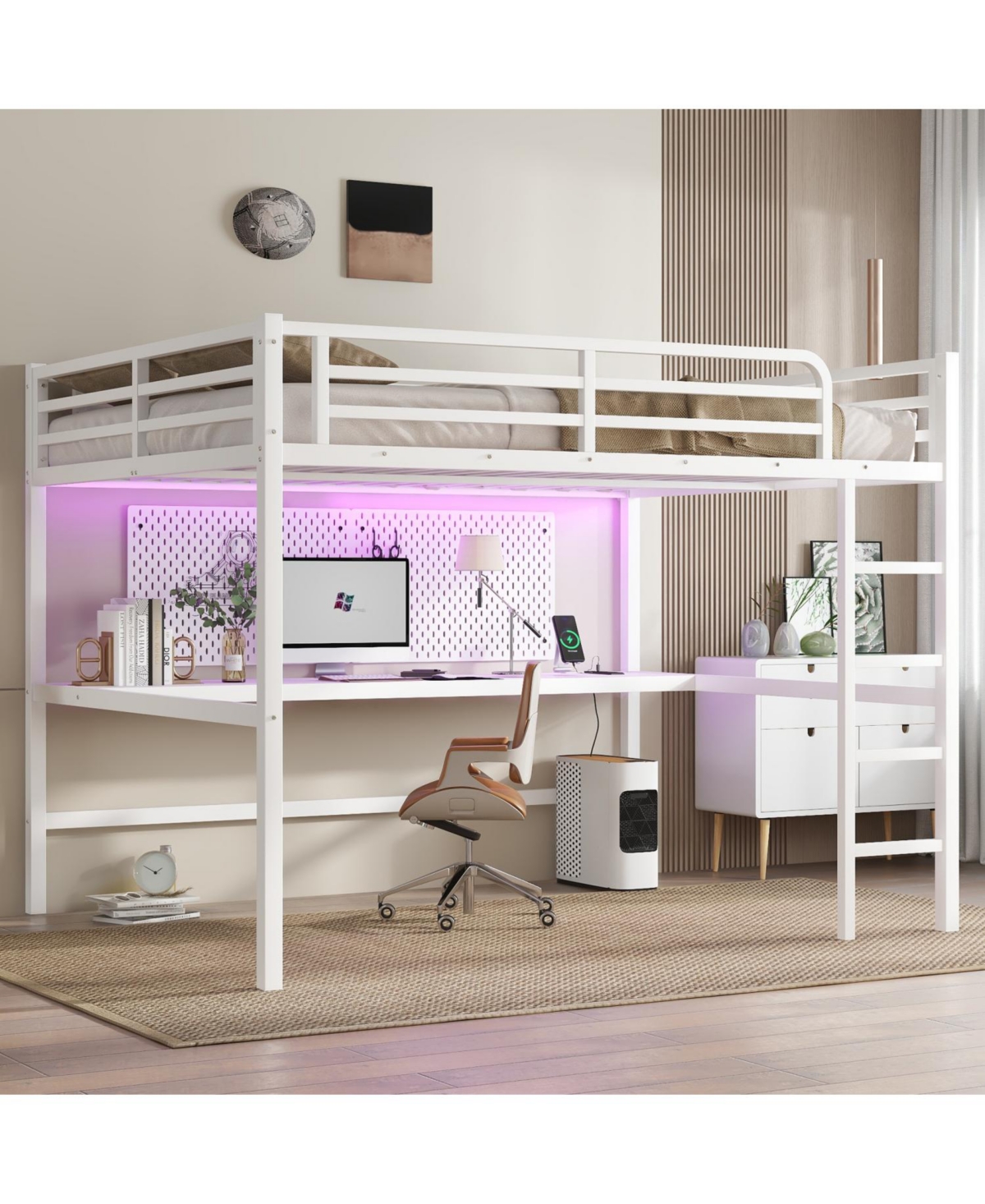 Streamdale Furniture Queen Size Loft Bed with Power & Led - White