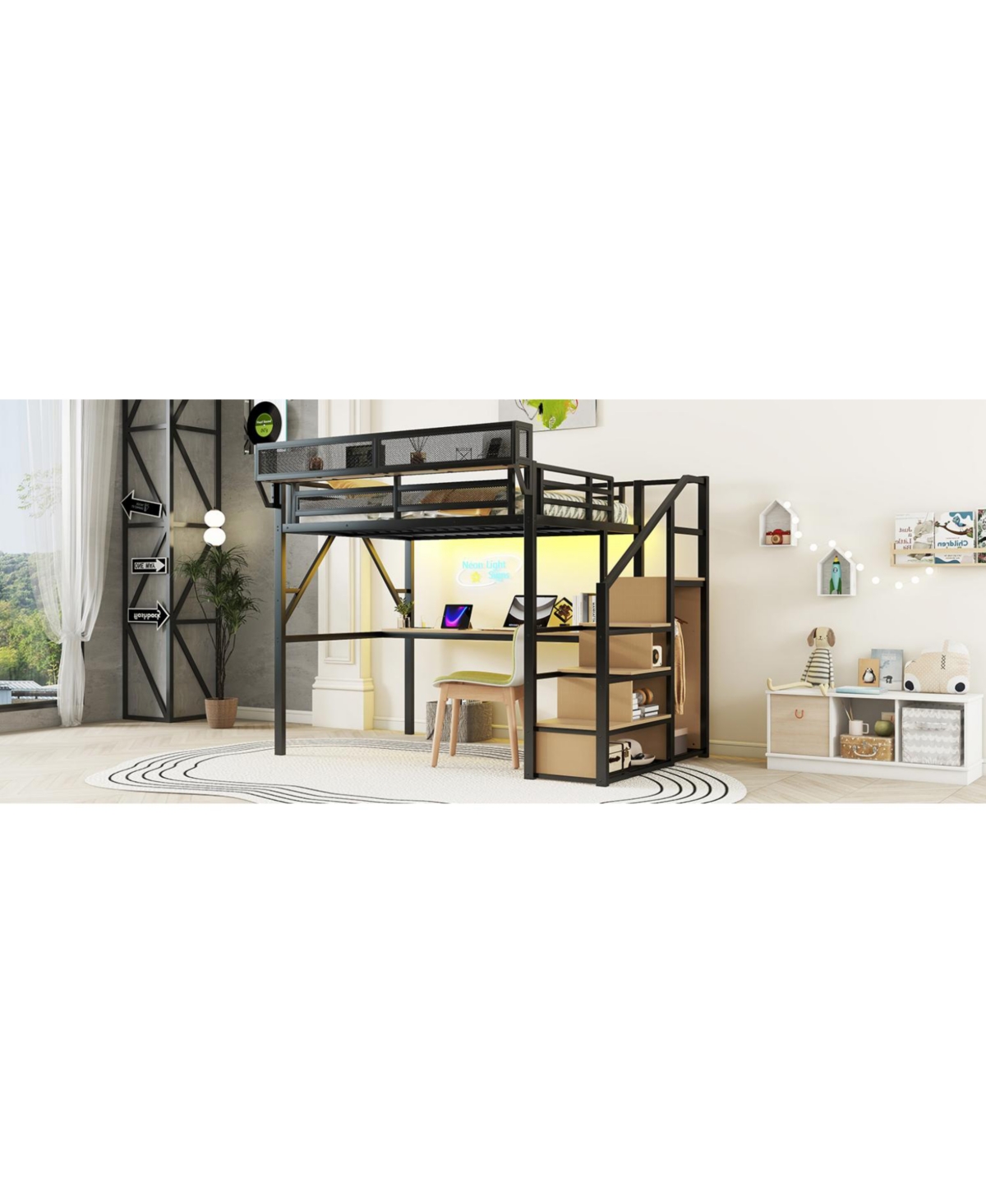 Streamdale Furniture Full Loft Bed with Desk Stairs Light & Charging - Black