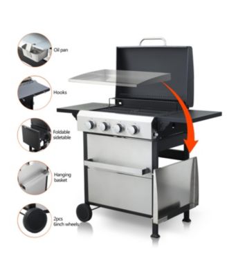 4-Burner Propane BBQ Grill SS Plancha Foldable Side Table
