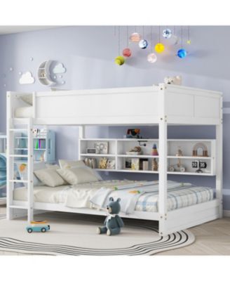 Queen Over Queen Bunk Bed with Storage Charging White