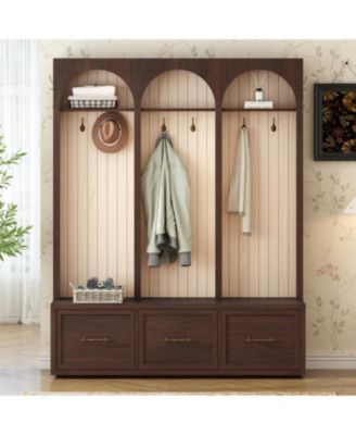 Streamdale Farmhouse Hall Tree Bench, 59" Wide, 8 Hooks, 3 Drawers, Dark Walnut