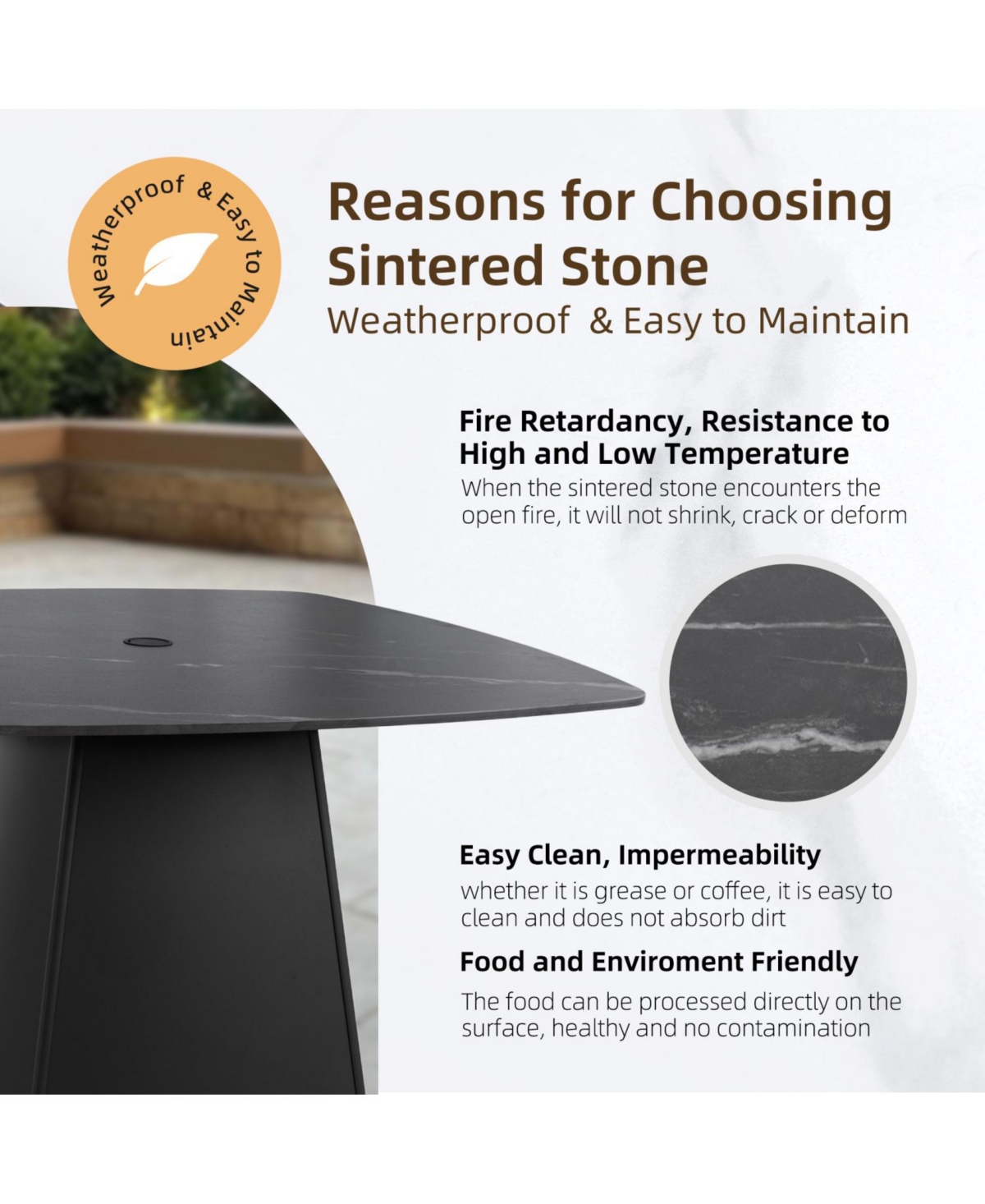 Streamdale Furniture 44" Black Sintered Stone Outdoor Dining Table