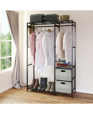Acacia Wood Garment Rack w/ Shelves, Drawers &amp; Hooks - Light Gray