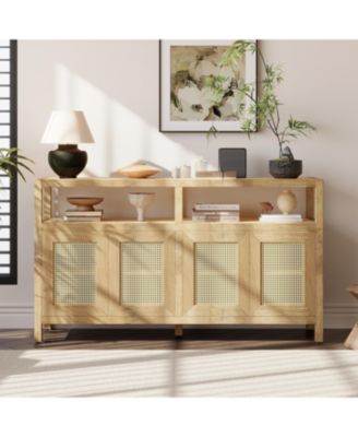 Rattan Adjustable Shelves, Push-to-Open Buffet Cabinet