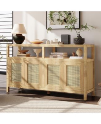 Rattan Adjustable Shelves, Push-to-Open Buffet Cabinet