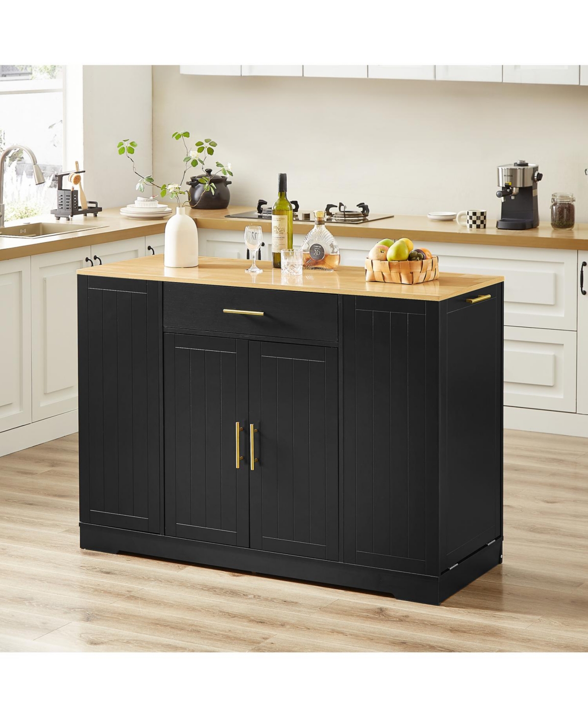 Streamdale Furniture 53" Kitchen Island w/ Trash Can, Drawer & Shelves - Black & Oak