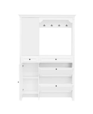 Hall Tree w/ Shoe Cabinet, Mirrored Door, Bench, Hooks & Drawers