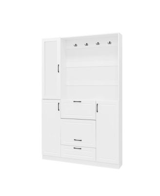  Entryway Bench with Shoe Cabinet, Hall Tree, Hooks & Foldable Seat