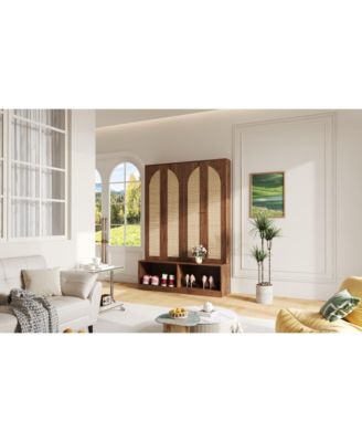 Streamdale Farmhouse Hall Tree - Rattan Doors, Bench, Hooks, Shoe Cabinet - Walnut, 55.1"W