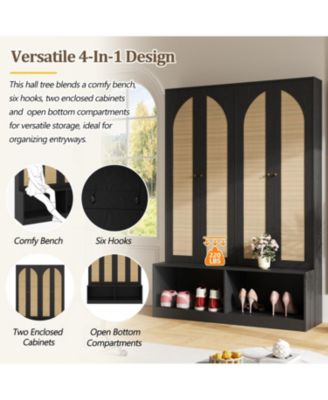 Streamdale Farmhouse Hall Tree- Rattan Doors, Bench, Hooks, Shoe Cabinet - Black, 55.1&amp;#x22;W