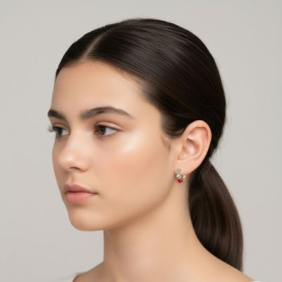 Teens 14K Gold Plated Red Enamel & CZ Beaded Hoop Earrings