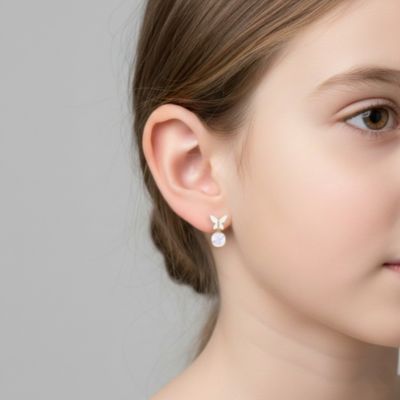 Rachel Glauber 14K Gold Plated with White Mother Of Pearl Circle & Butterfly Drops Earrings