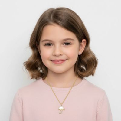 14K Gold Plated With Mother Of Pearl & Clear Cubic Zirconia Umbrella Design Pendant Necklace For Kids