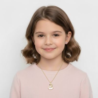 14K Gold Plated with Black Eyes, Clear Cubic Zirconia Graceful Swan Design Pendant Necklace For Kids