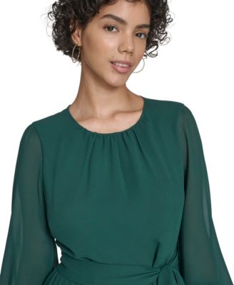 Petite Balloon Sleeve Shirred Neck Pleated Skirt Belted Midi Dress