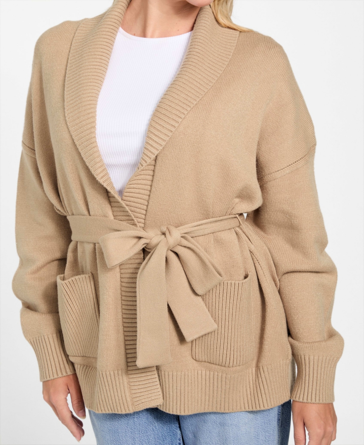 Guess Belted Shawl Collar Cardigan In Brown