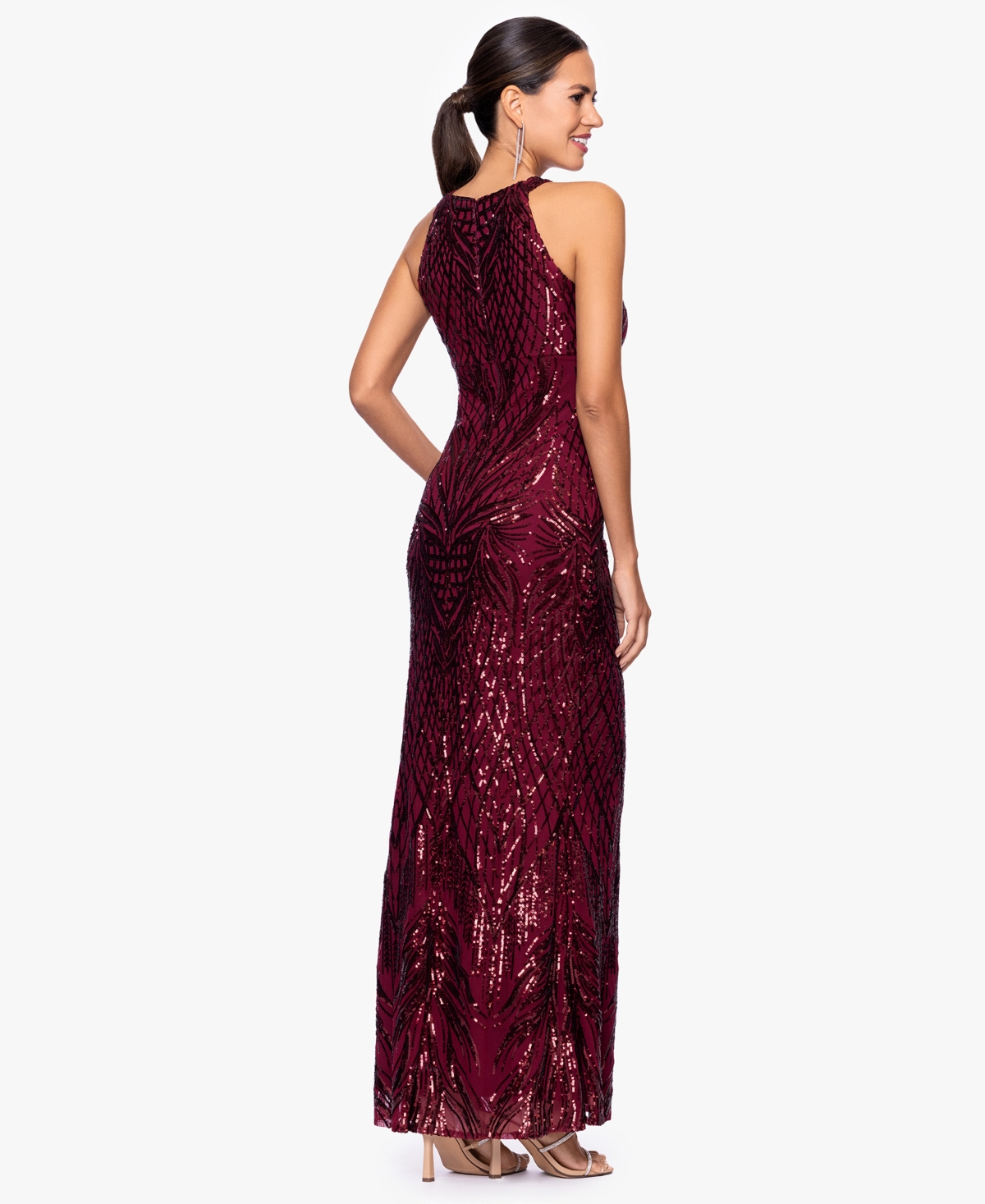 B & A By Betsy And Adam Petite Halter Neck Sequin Dress In Brown