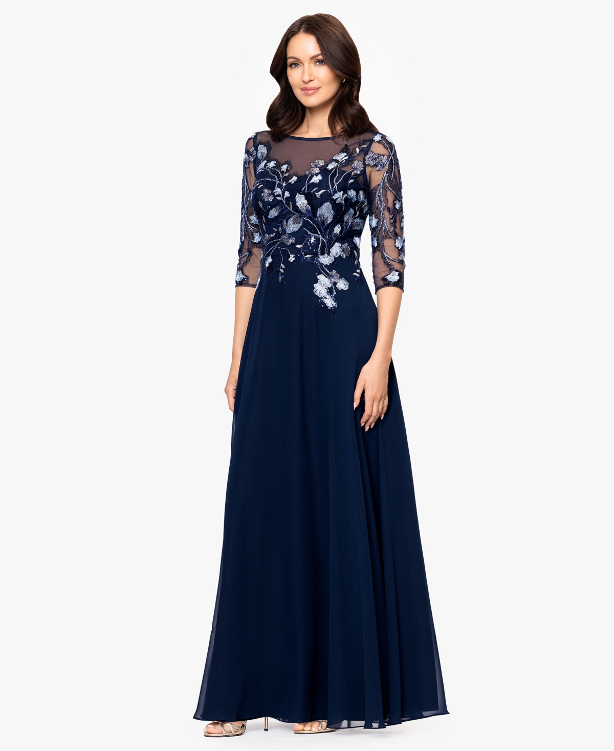 Betsy & Adam Petite A-line Embroidered Dress In Blue